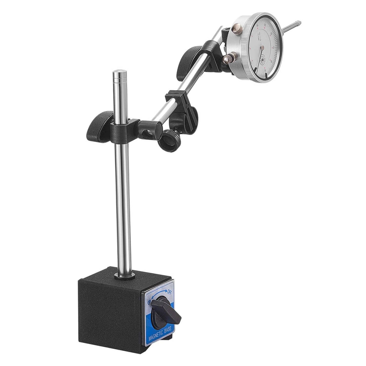 Dial test indicator with dual-rod stand, clamp, and black base block