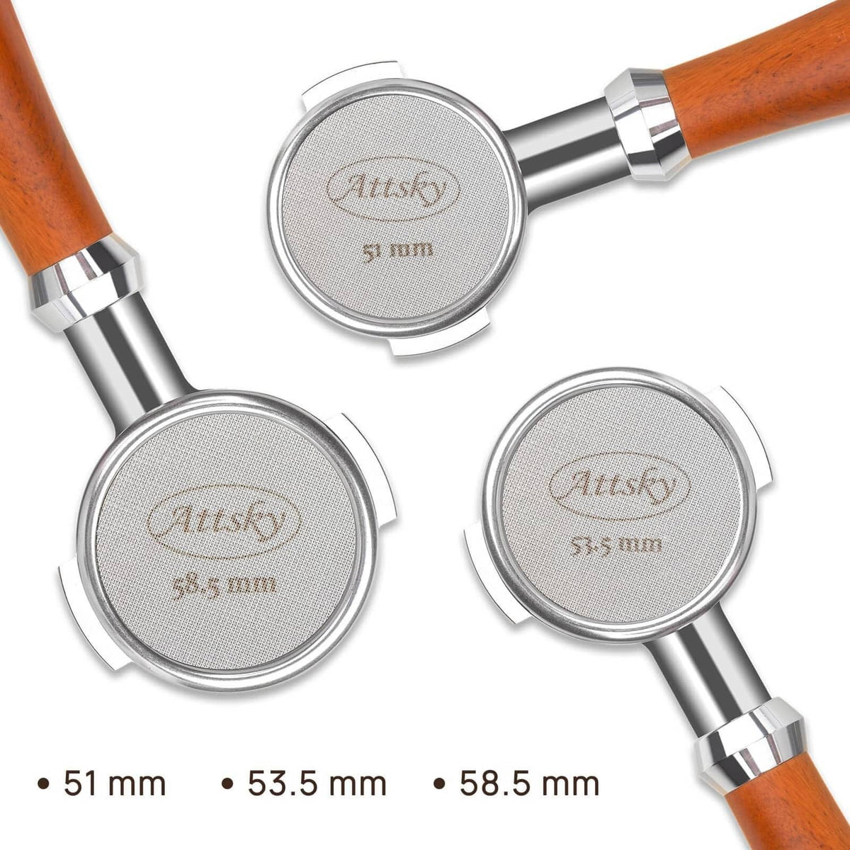 Multiple stainless espresso puck screens with fine mesh, including 58.5 mm size