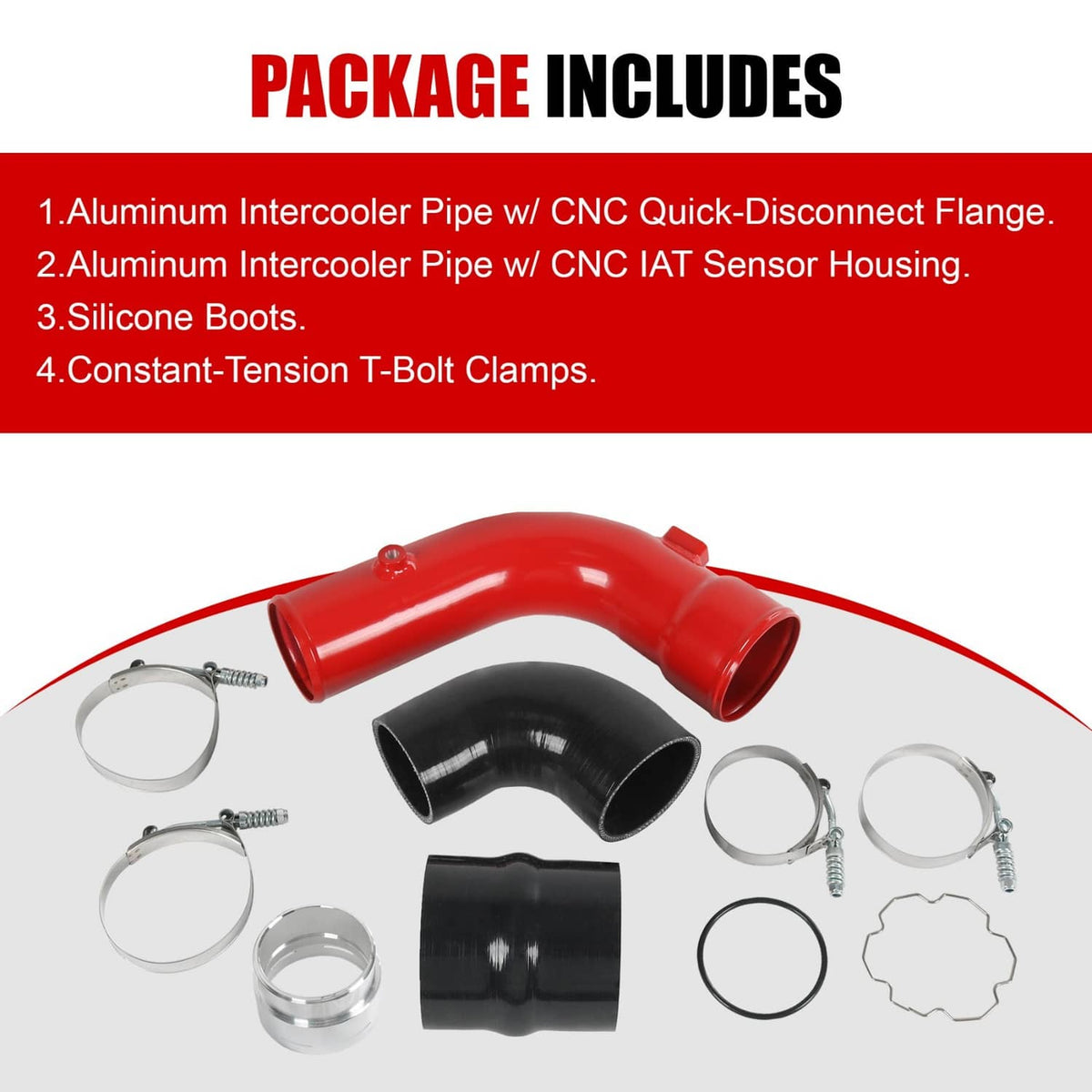 Intercooler hose kit contents with red hose, black boots, clamps, and aluminum parts