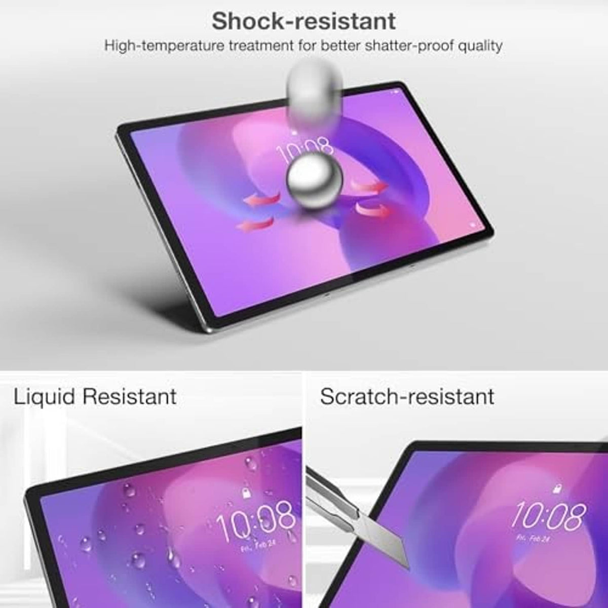 Tempered glass tablet screen protector set with shock-, scratch-, and liquid-resistance
