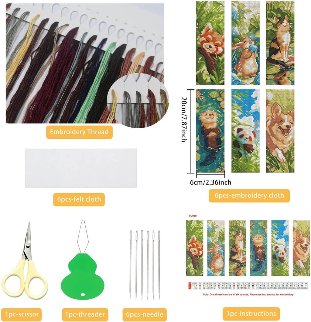 Cross-stitch bookmark kit accessories: embroidery thread, fabric cloth, needles, scissors set