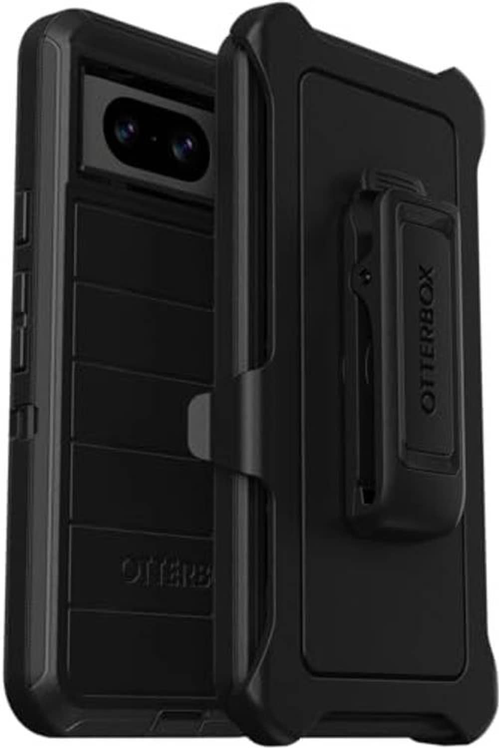 Black Defender phone case with holster clip, camera cutout and raised side edges