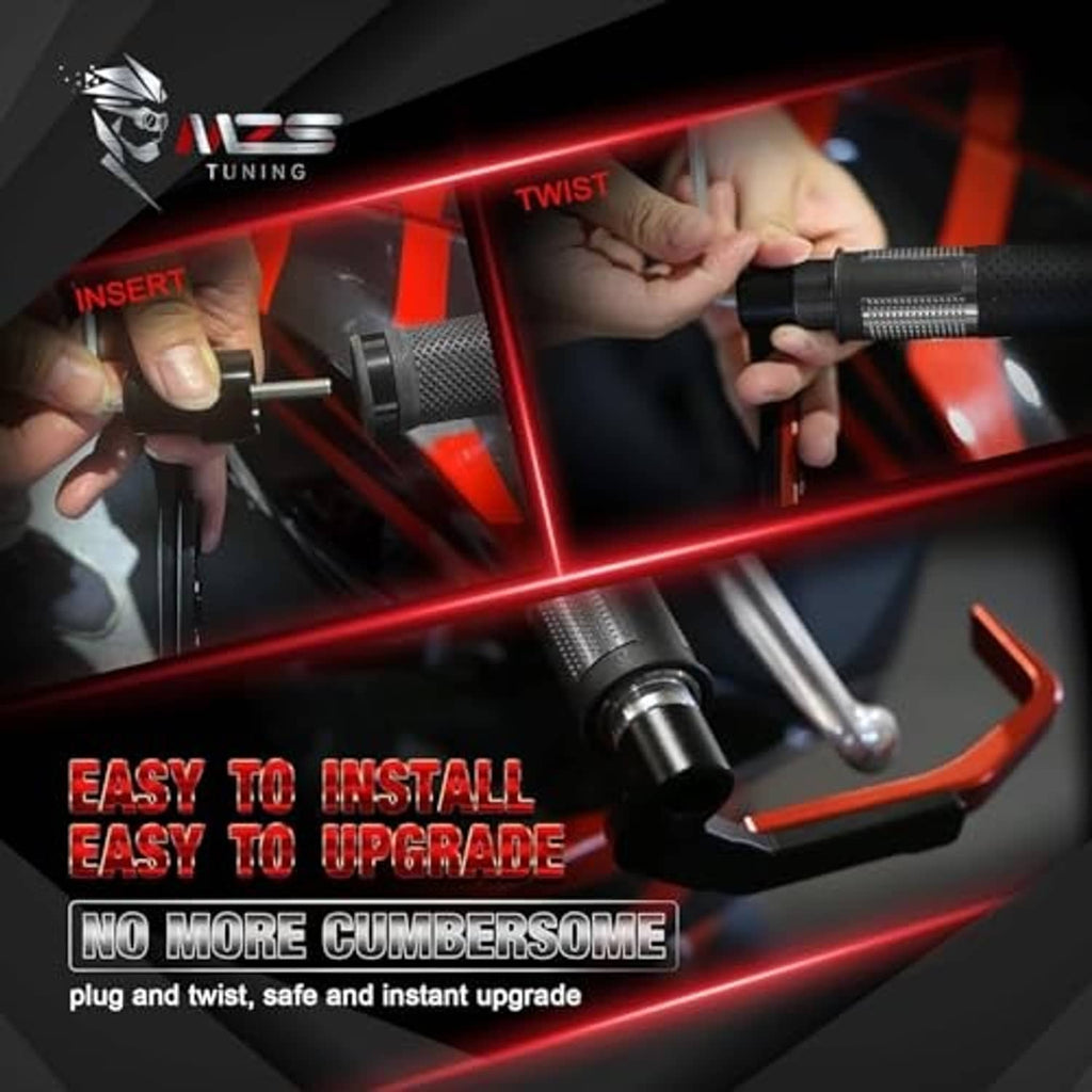 Motorcycle lever guards installation, hands tightening black guard onto handlebar end