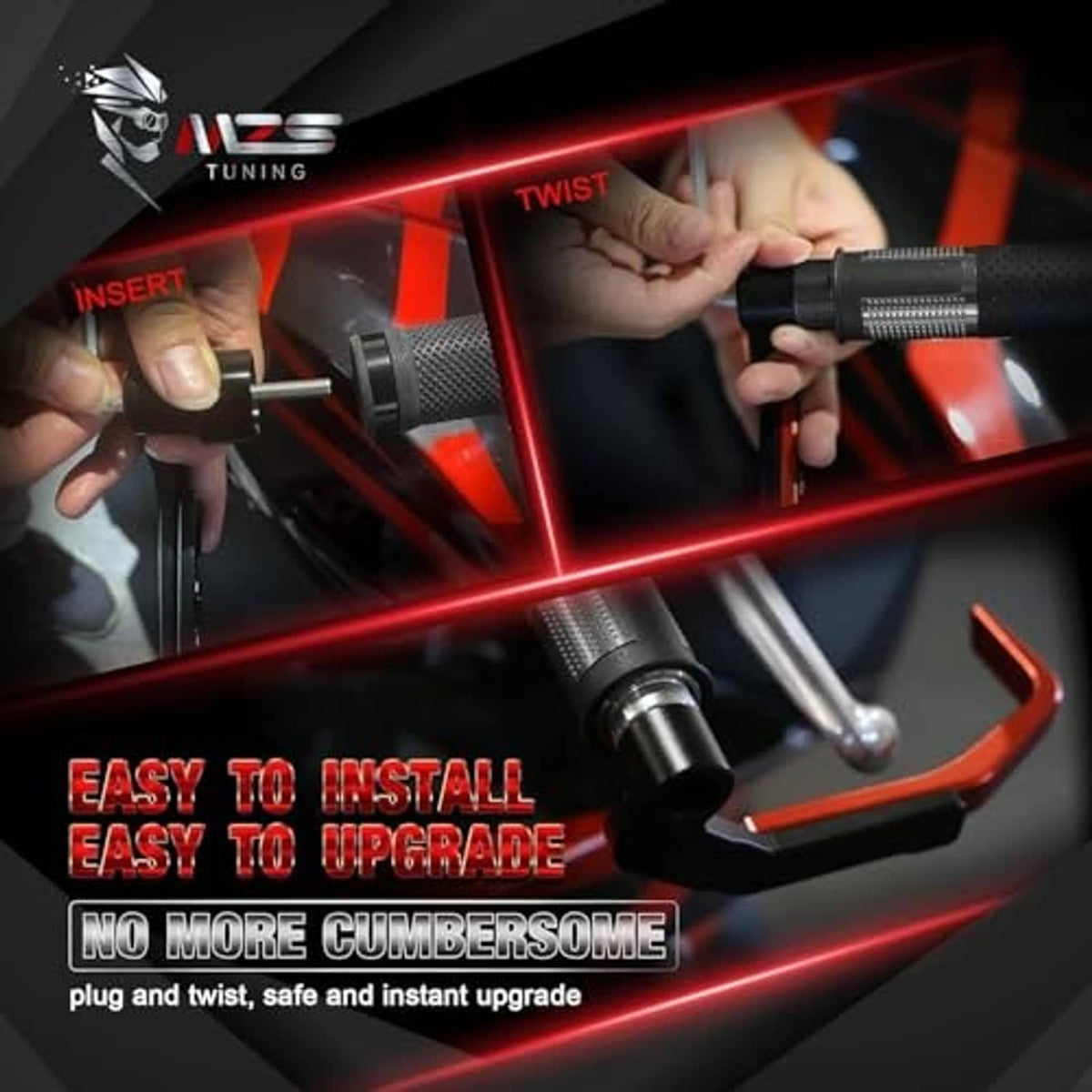 Motorcycle lever guards installation, hands tightening black guard onto handlebar end