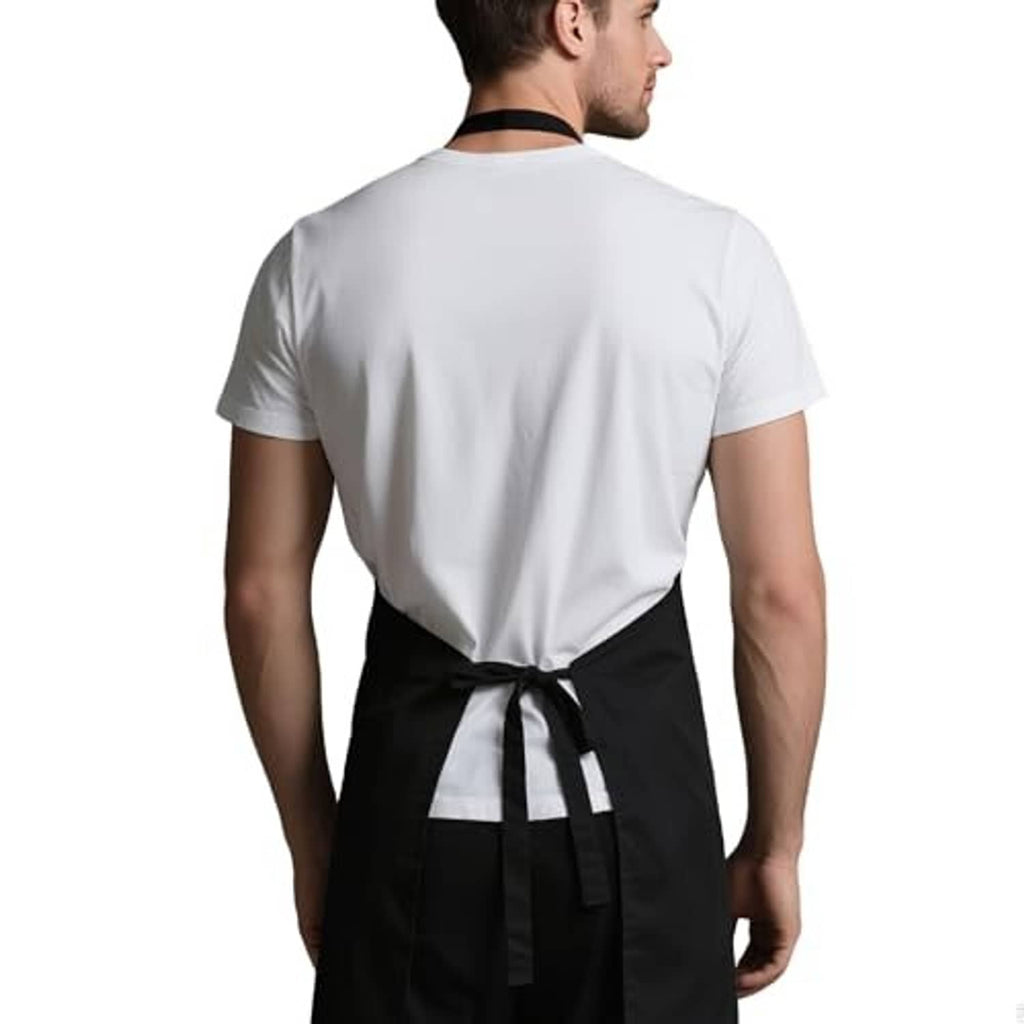 Back view of black apron with adjustable straps and tied waist belt.