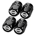 Black metal tire valve stem caps set with Nissan logo, faceted hex design (4-pack)