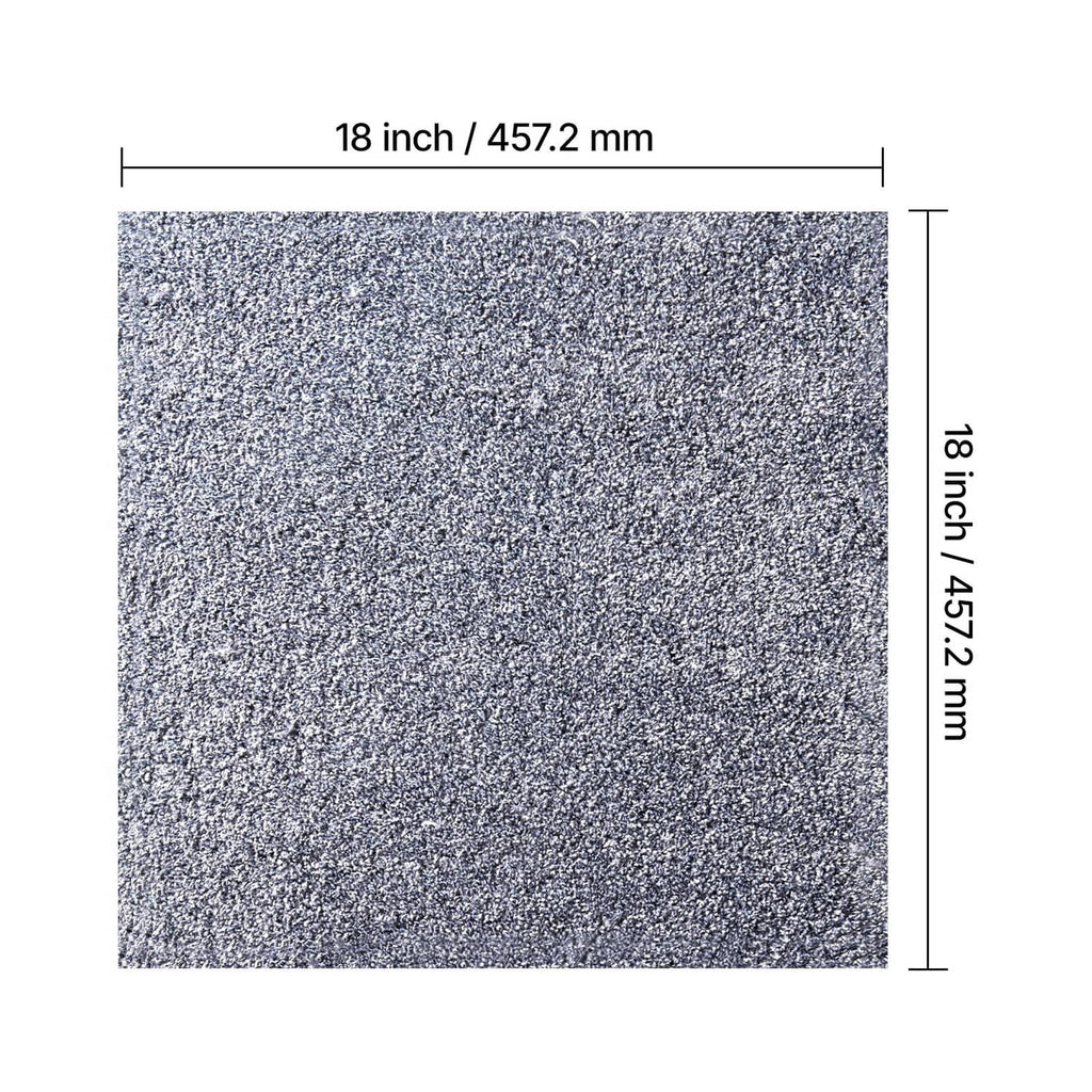 Gray speckled square carpet tile shown front view with size dimensions