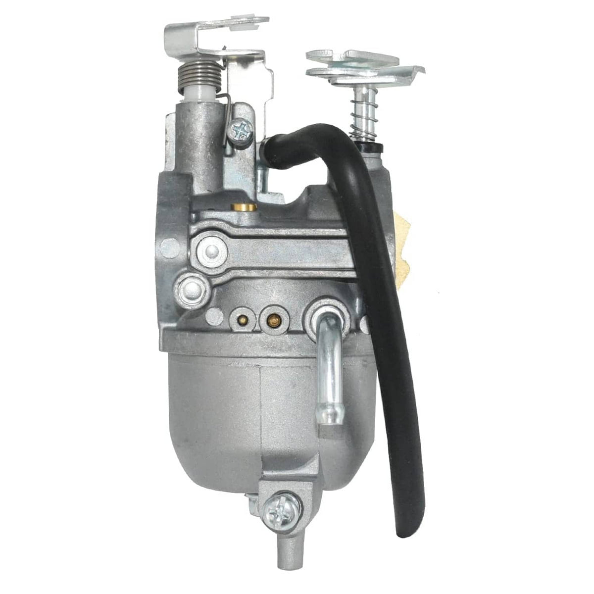 Carburetor assembly with black intake hose, silver fittings, and lever-style control arm