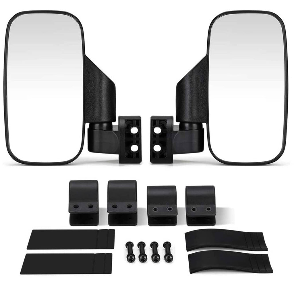 UTV side mirror accessory set: black brackets, rubber pads, and mounting screws