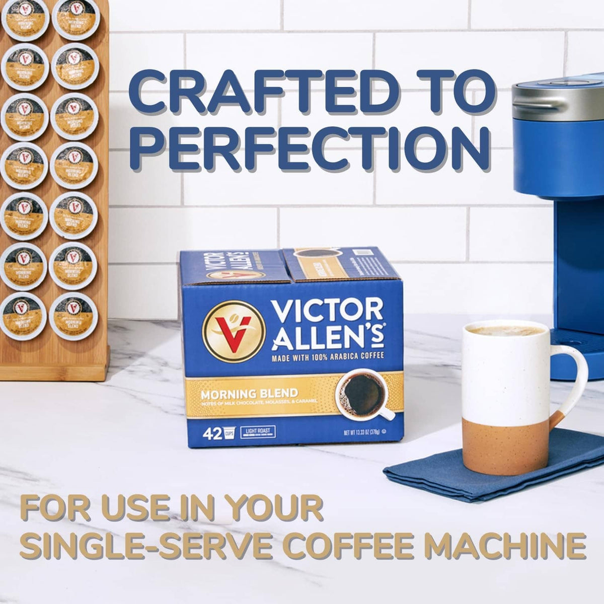 Victor Allen's single-serve coffee boxes and a filled mug for coffee machines