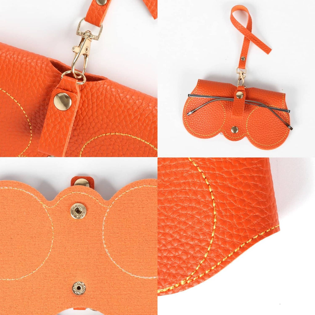 Orange soft leather sunglasses bag with lanyard strap and round metal snap rivet