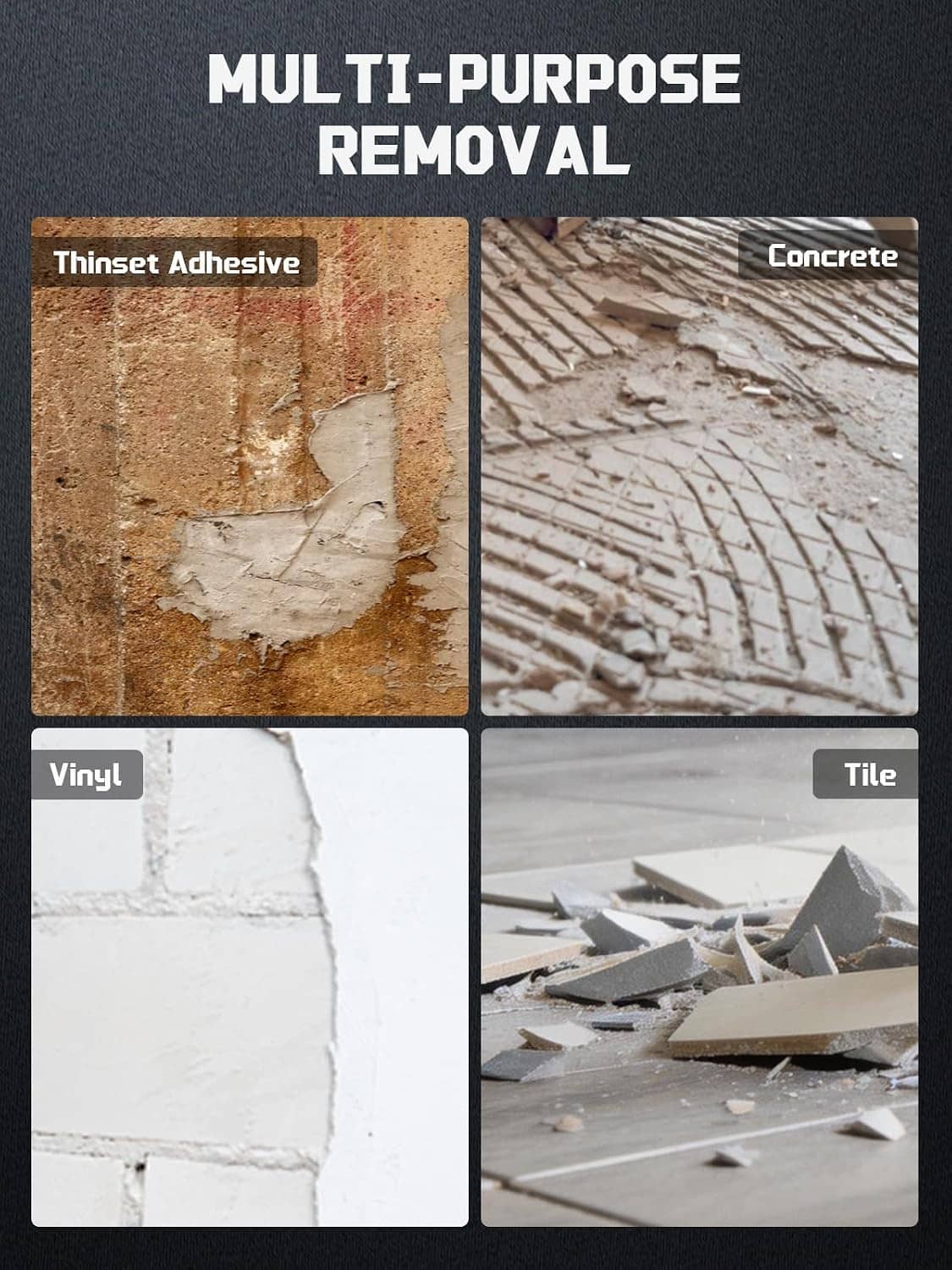 Hex shank chisel bit shown removing tile, thinset adhesive, and concrete residue
