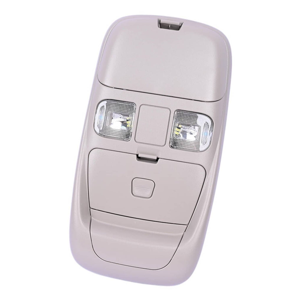 Vehicle overhead console with two front lamp lenses and a light control switch, light gray.
