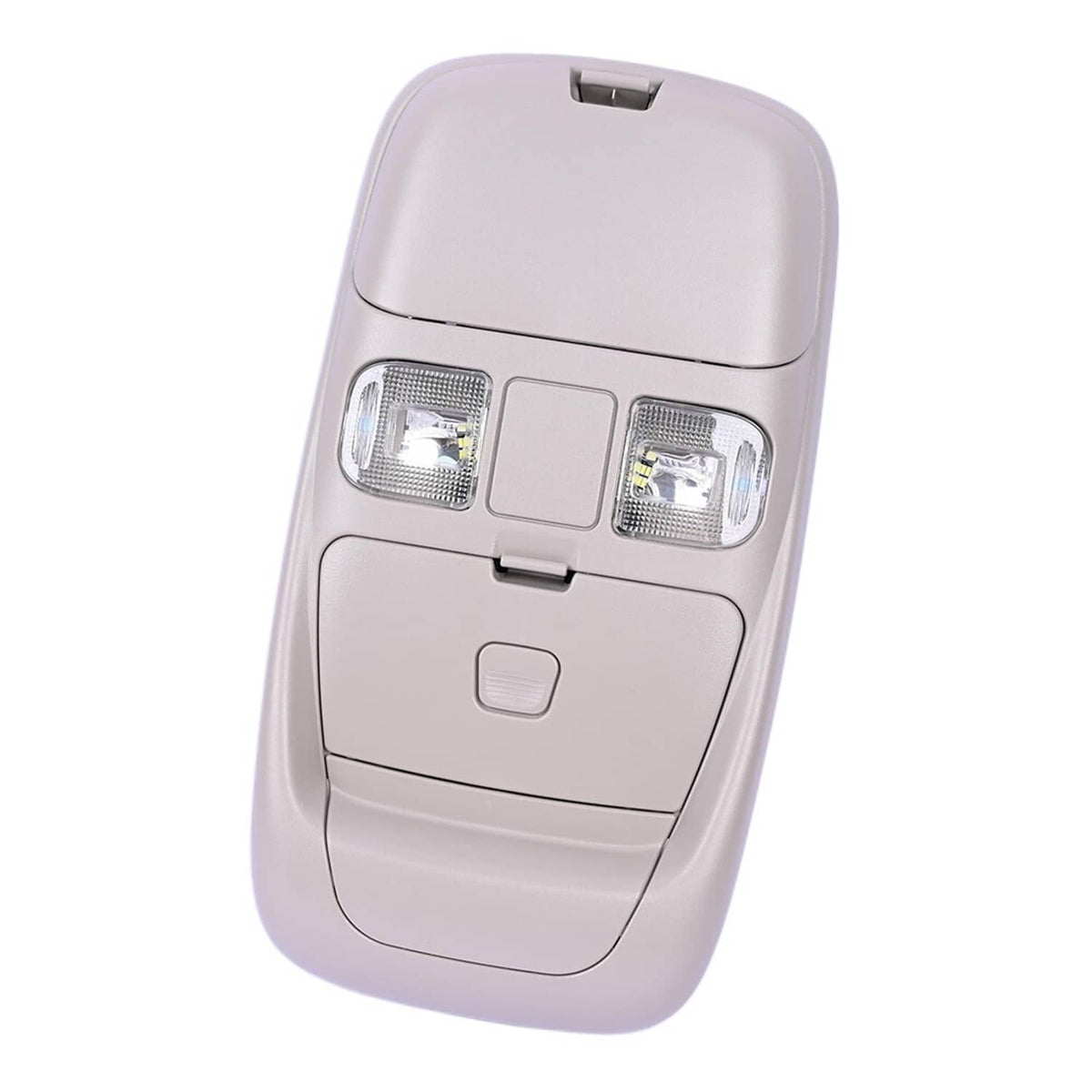Vehicle overhead console with two front lamp lenses and a light control switch, light gray.