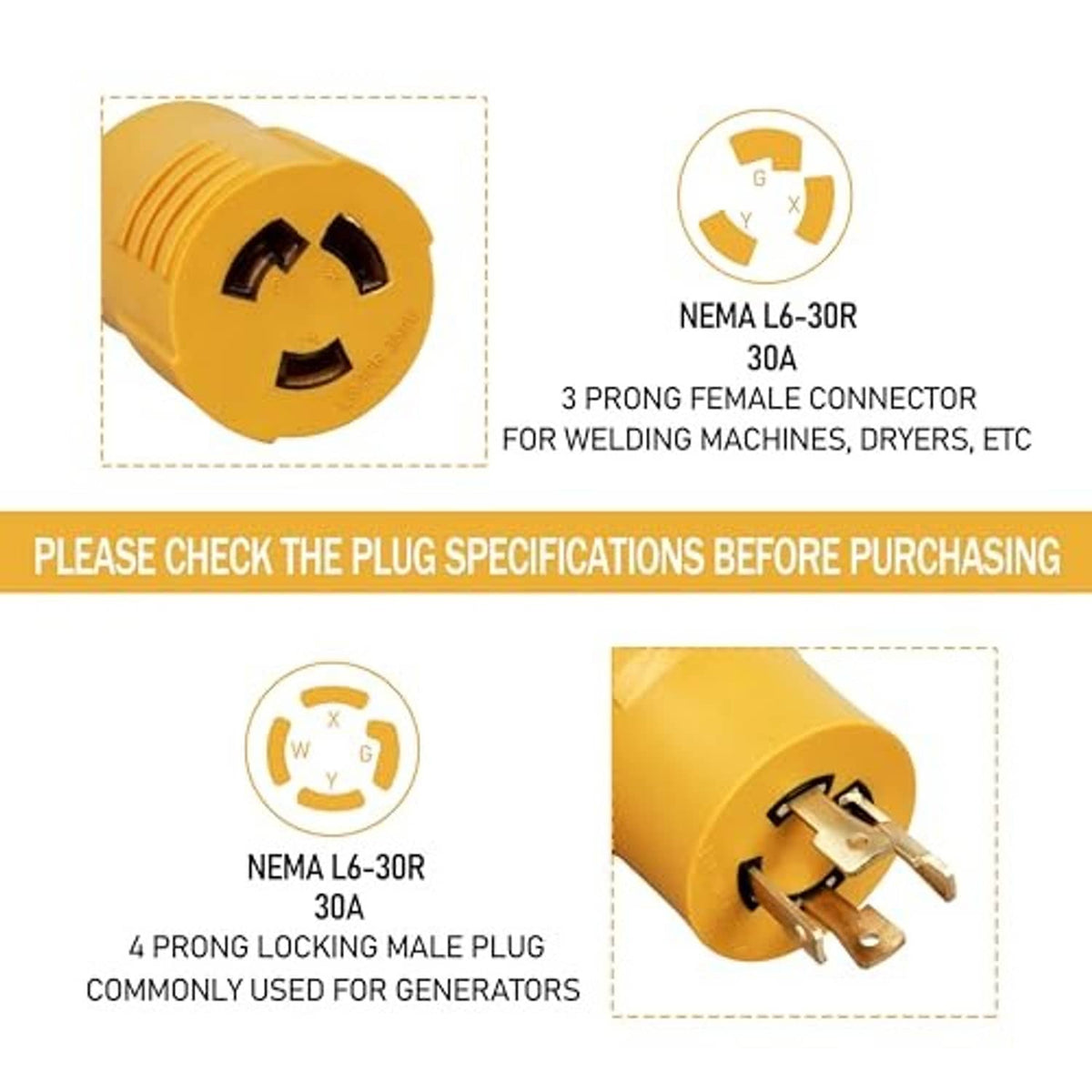 Yellow twist-lock adapter plug showing 3-prong connector face and metal prongs