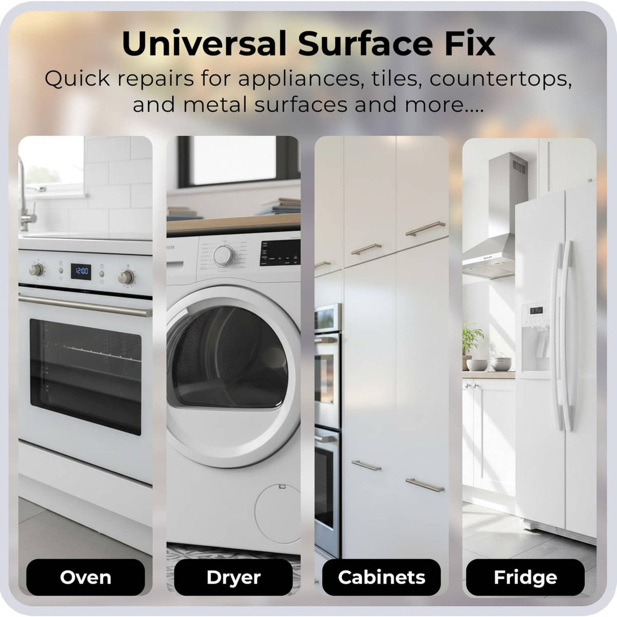 Universal surface fix info panel for white touch-up paint on appliances and metal.