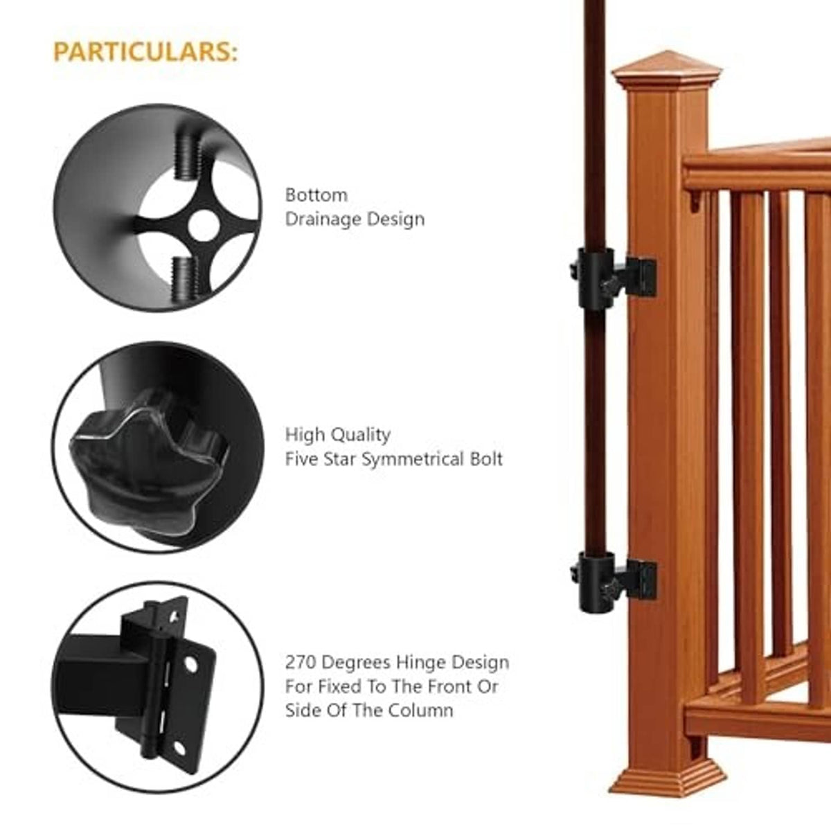 Black umbrella mount holder with fixed five-star bolts on a wooden post