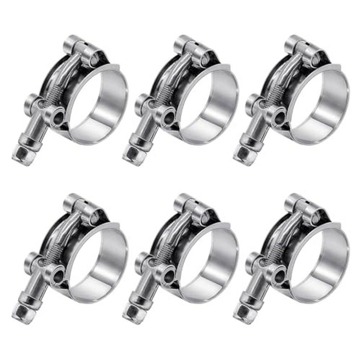 Six stainless T-bolt hose clamps, silver finish, metal bands and screw bolts