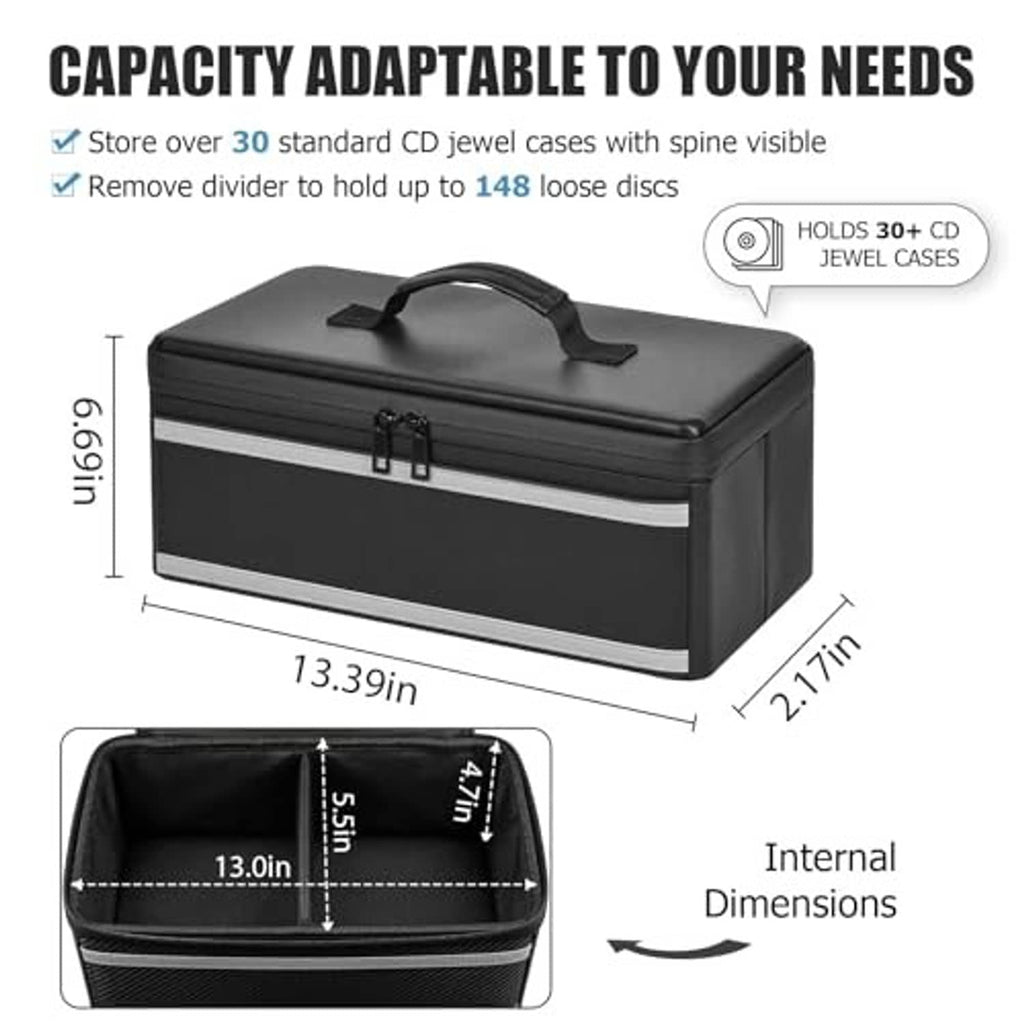 Black CD storage box with carry handle and metal latches, shown closed.