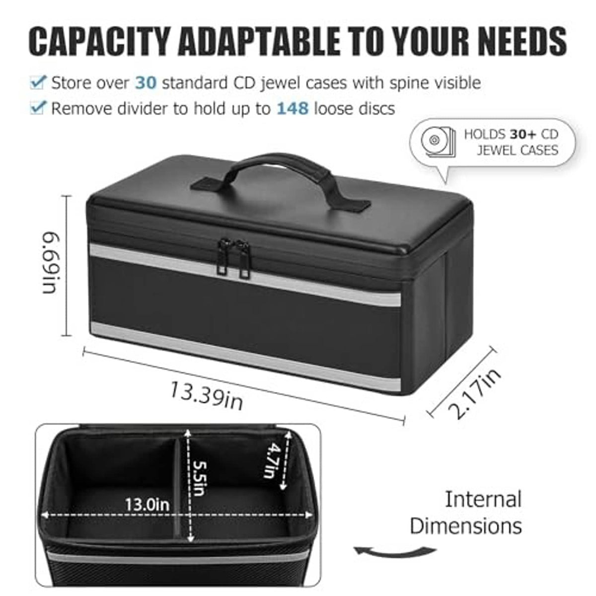Black CD storage box with carry handle and metal latches, shown closed.
