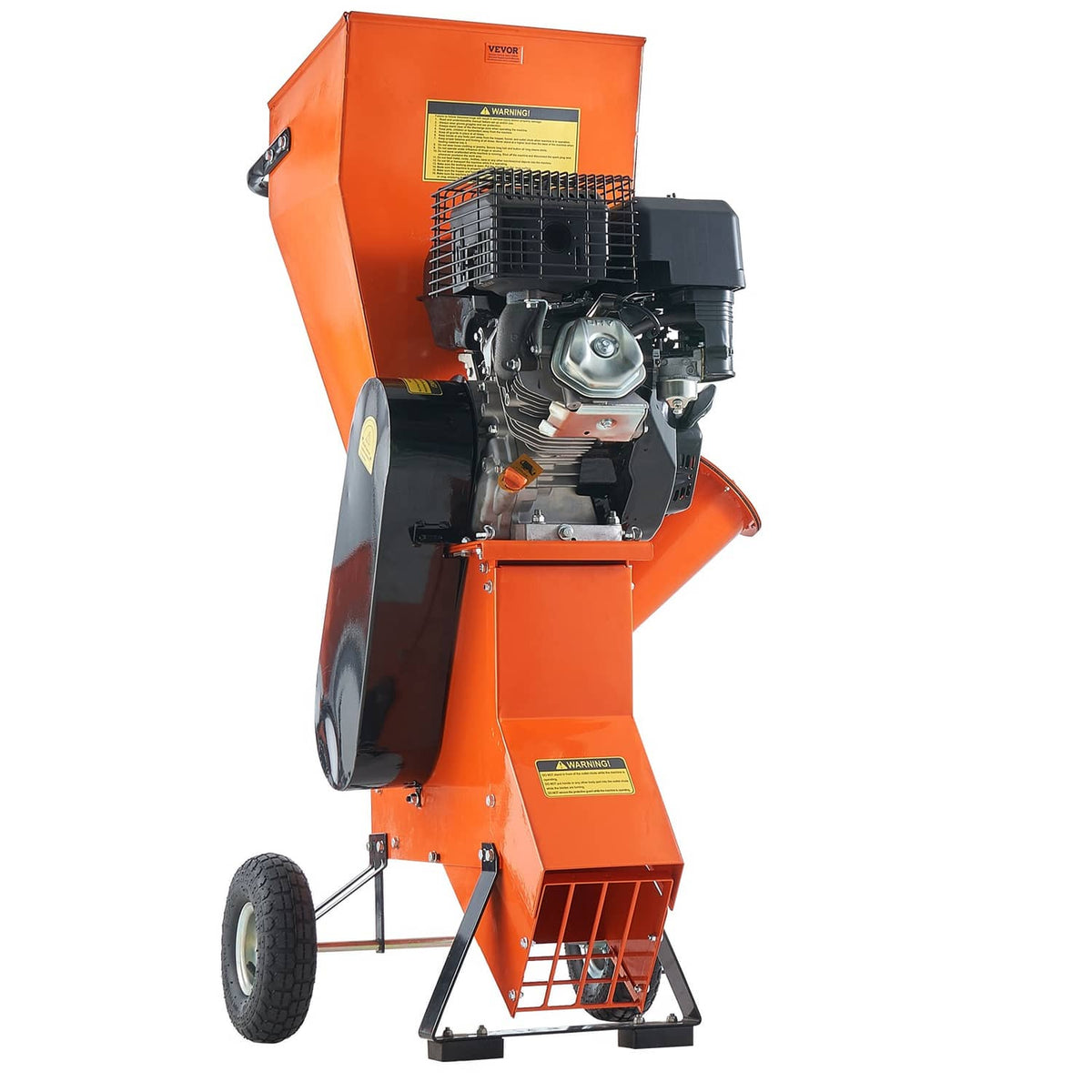 Orange wood chipper shredder mulcher front view with engine and wheel base