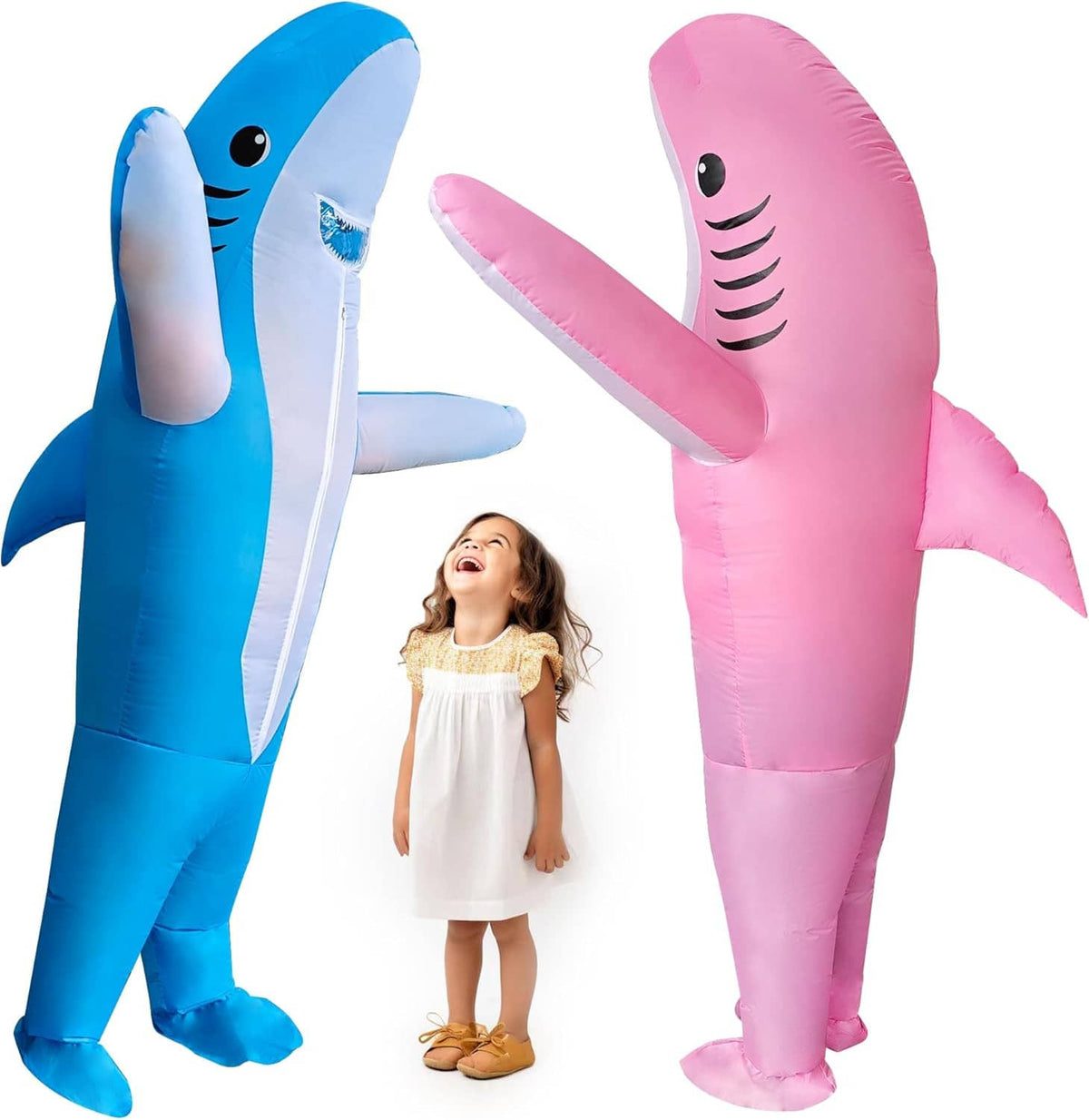 Pink inflatable shark costume with white belly, dorsal fin, and finned tail, full-body