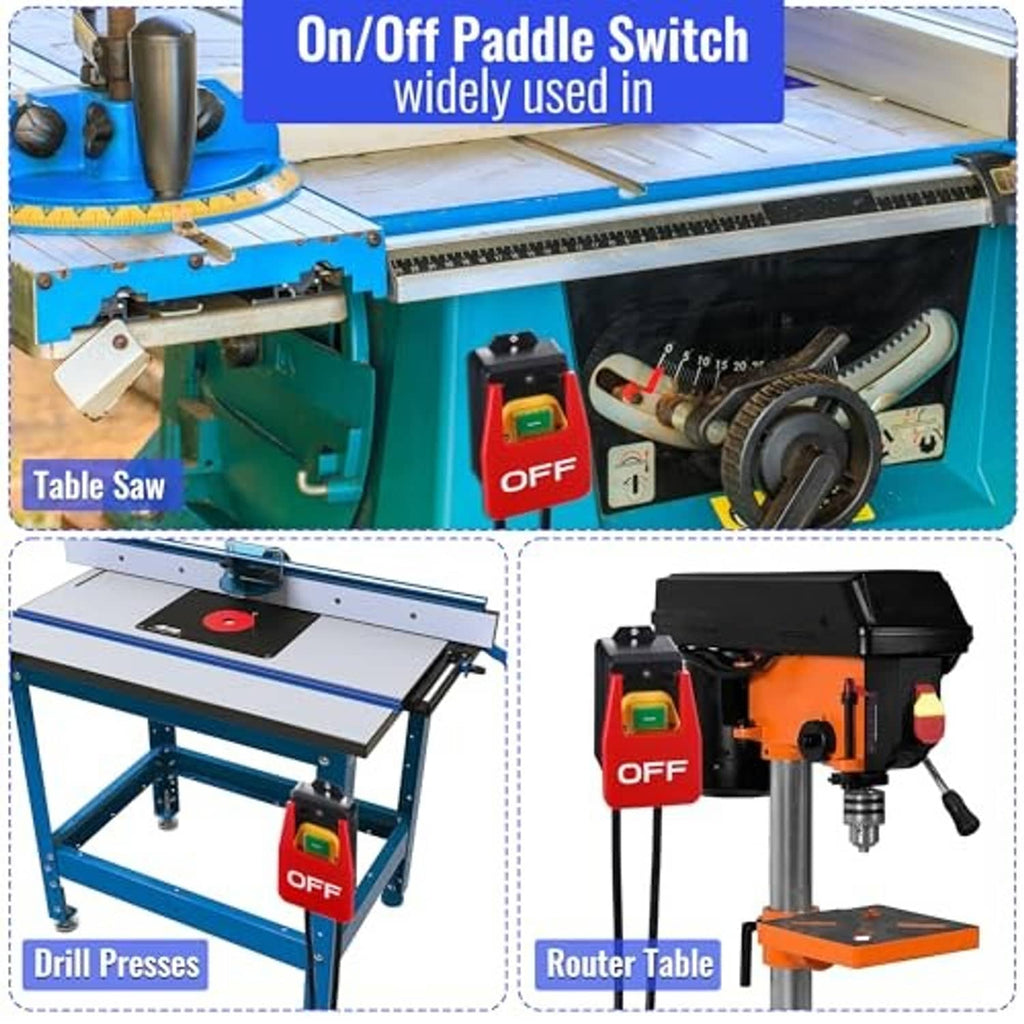 On/off paddle switch mounted on table saw, red housing with green rocker and cables