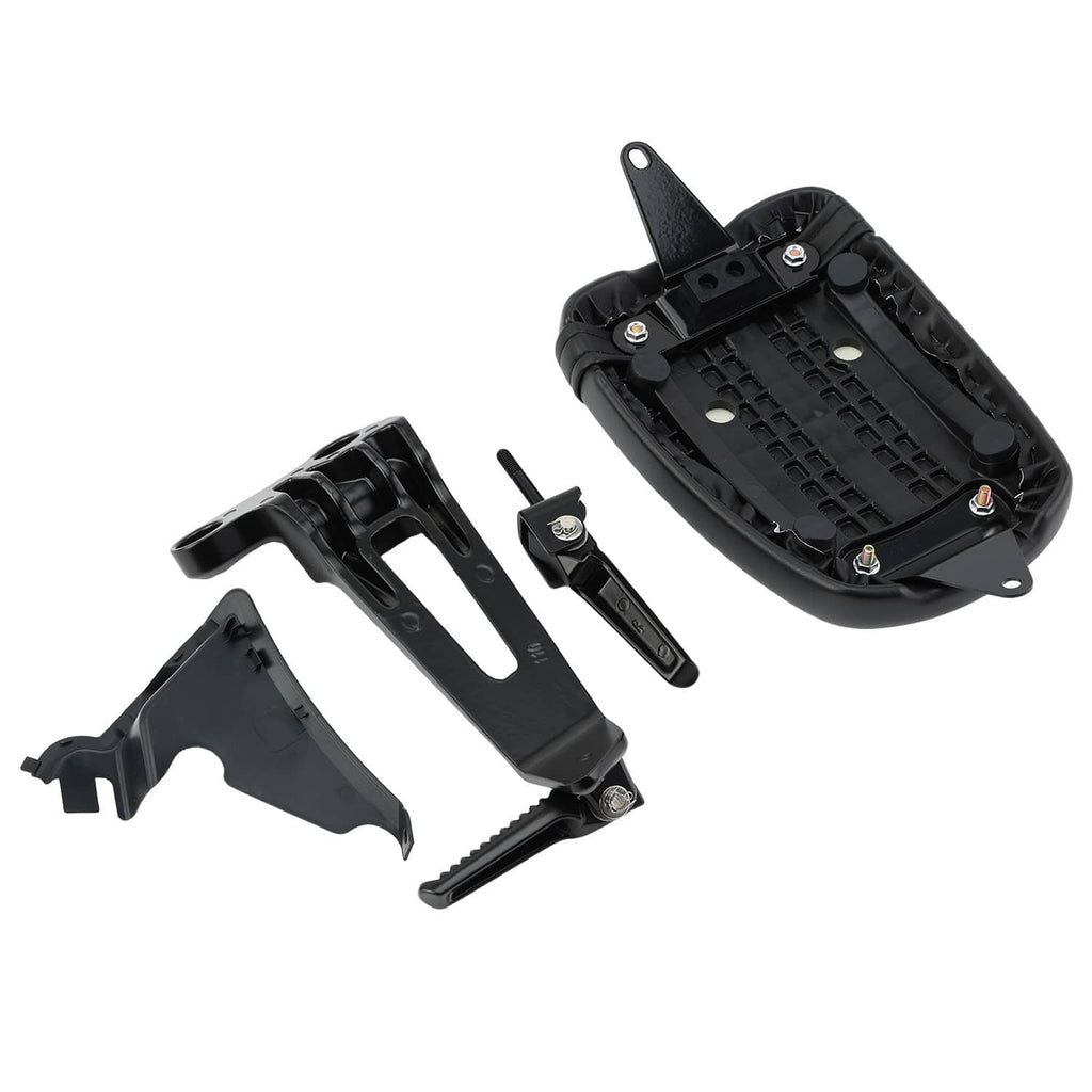 Black passenger seat base with mounting brackets and hardware