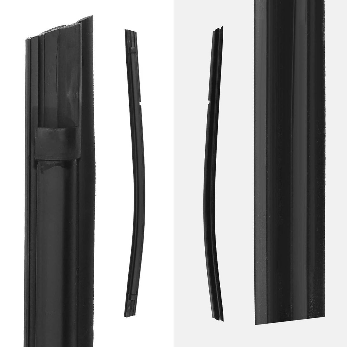 Black window weatherstrip trim seals with vertical channel sections and curved profile