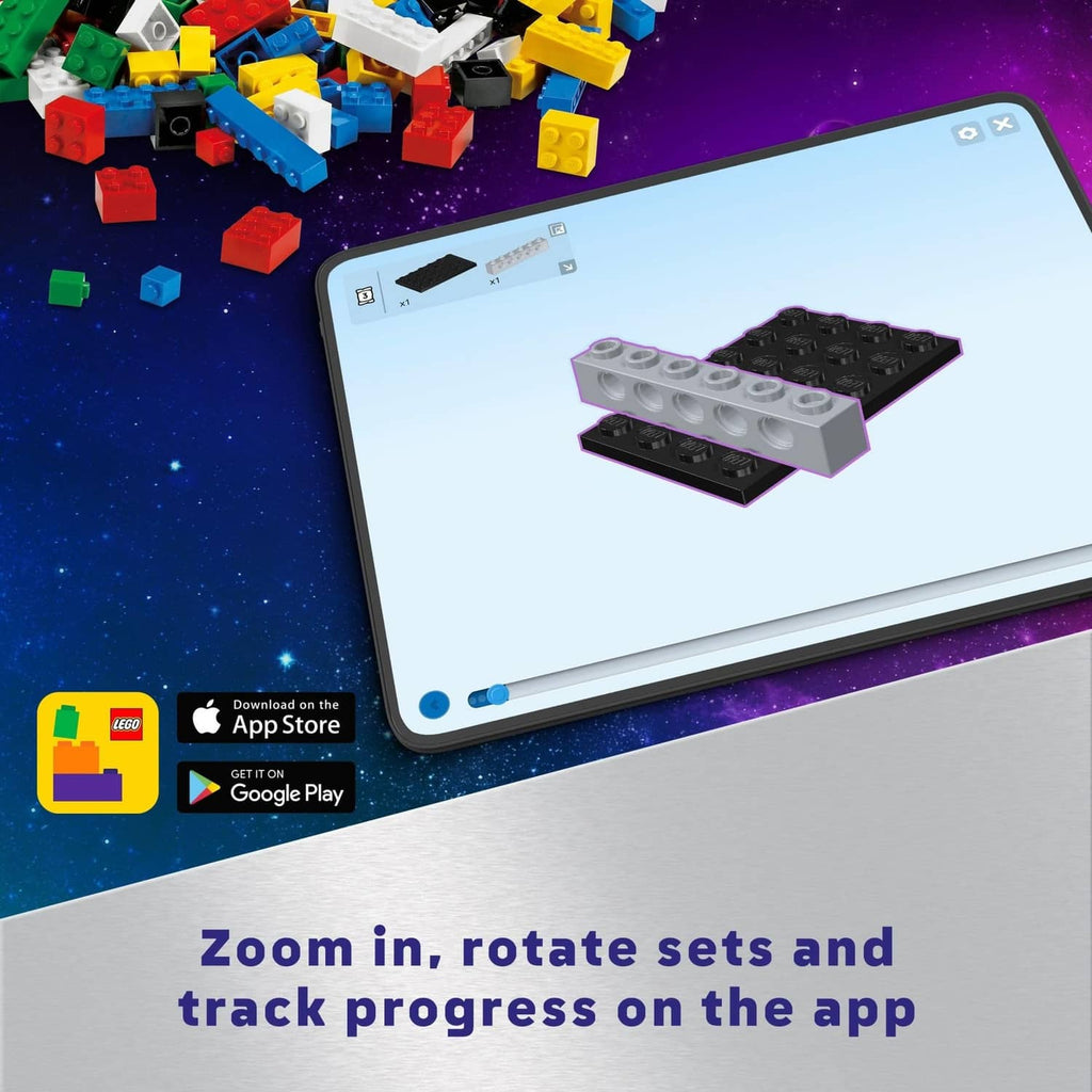 Tablet shows LEGO building app while spaceship brick pieces hover overhead