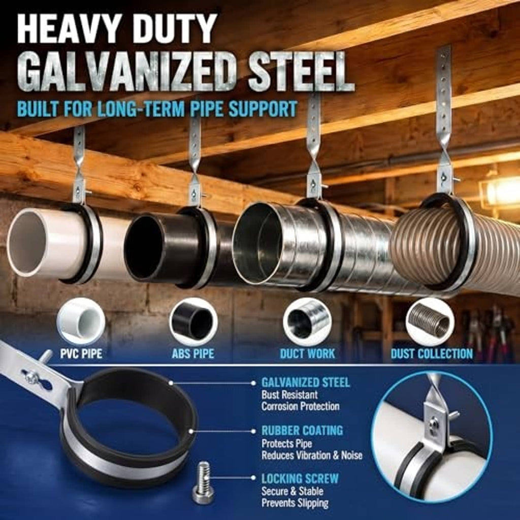 Heavy-duty galvanized steel pipe hangers with rubber-lined clamps and locking screw