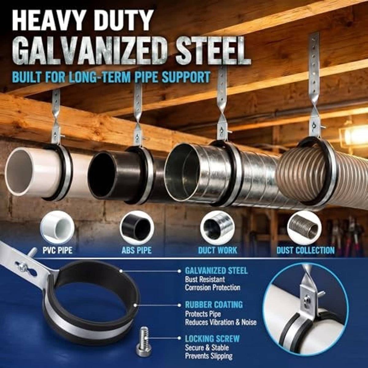 Heavy-duty galvanized steel pipe hangers with rubber-lined clamps and locking screw