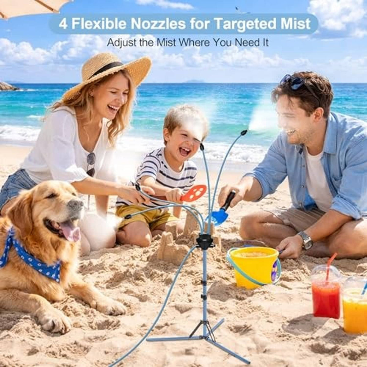 Tripod mist stand with flexible nozzle hose for targeted cooling outdoors