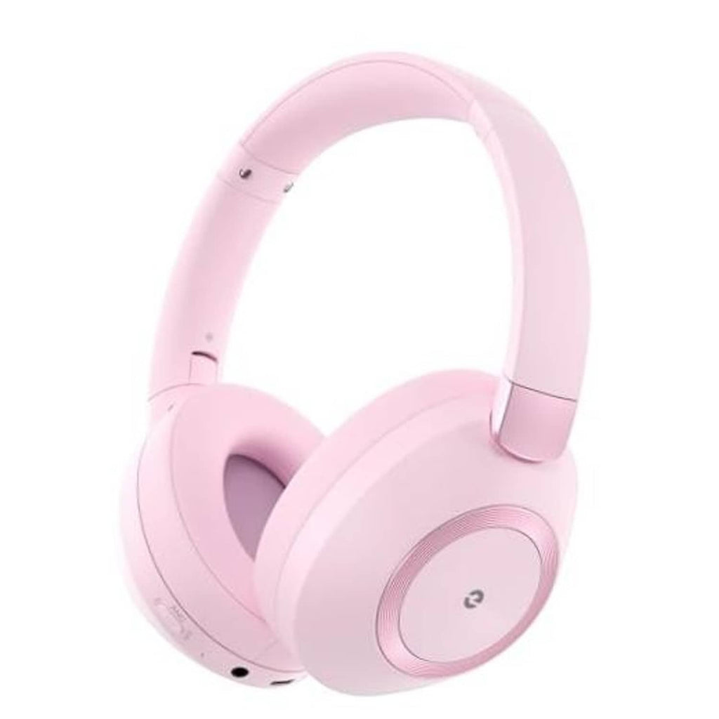 Pink wireless over-ear headphones with cushioned ear cups and headband