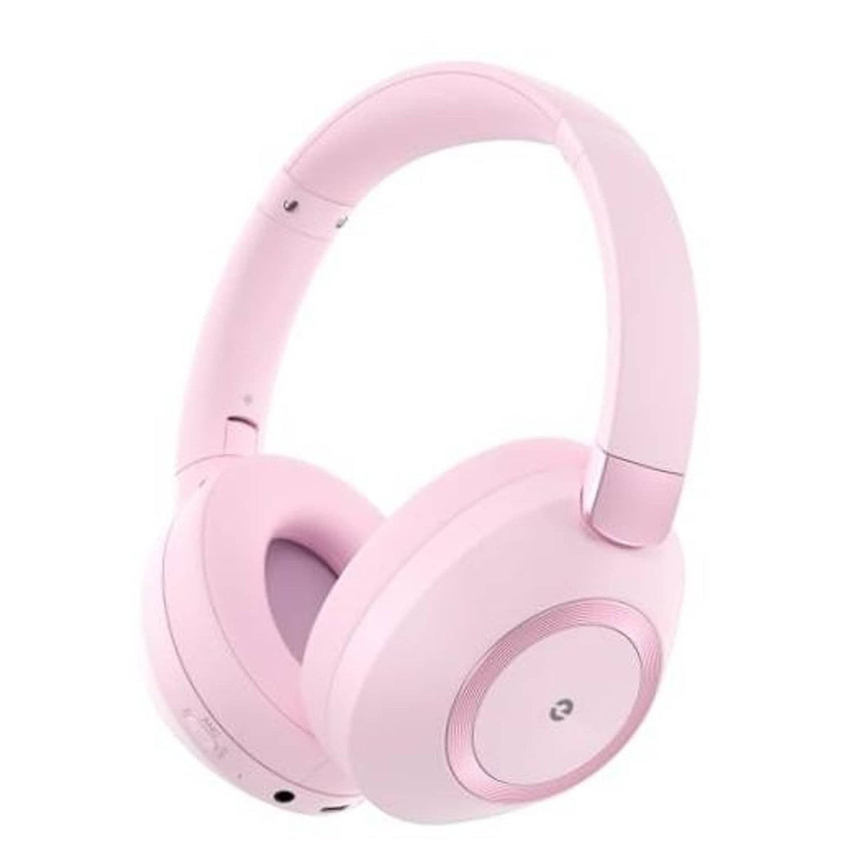 Pink wireless over-ear headphones with cushioned ear cups and headband