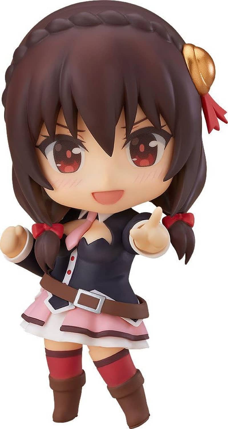 Front-view chibi Nendoroid figure with red bows and gold-horn hair accessory, dark outfit and pink skirt.