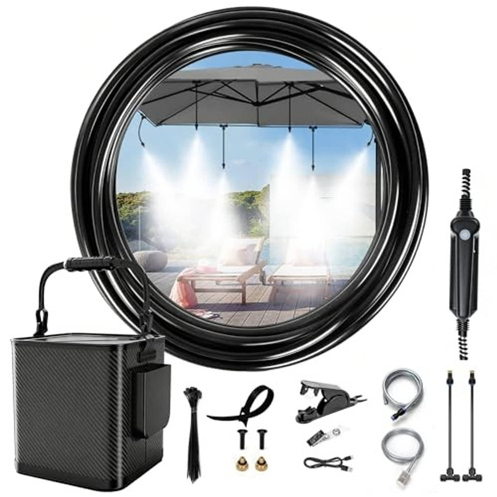 Portable misting cooling kit with black battery controller, 10m hose, brass nozzles