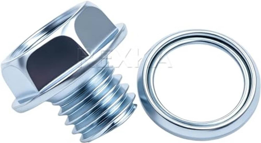 Transmission drain plug and gasket set, silver-toned threaded plug and round gasket ring