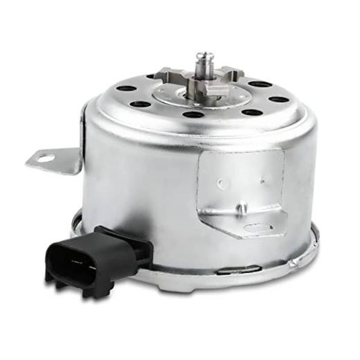 Radiator fan cooling motor with silver metal housing and black electrical connector