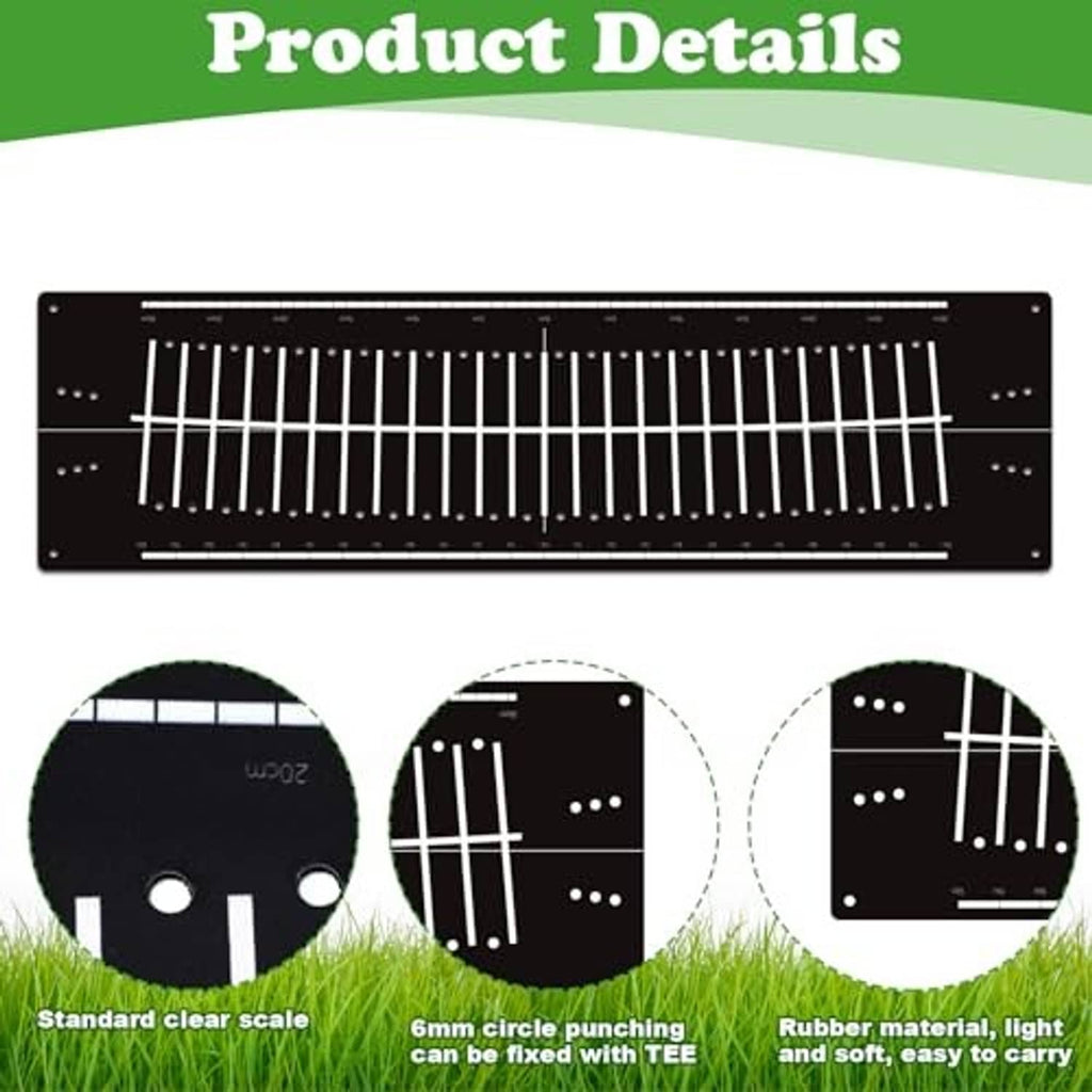 Black putting mat detail with white lines, dots, and circular guide marks