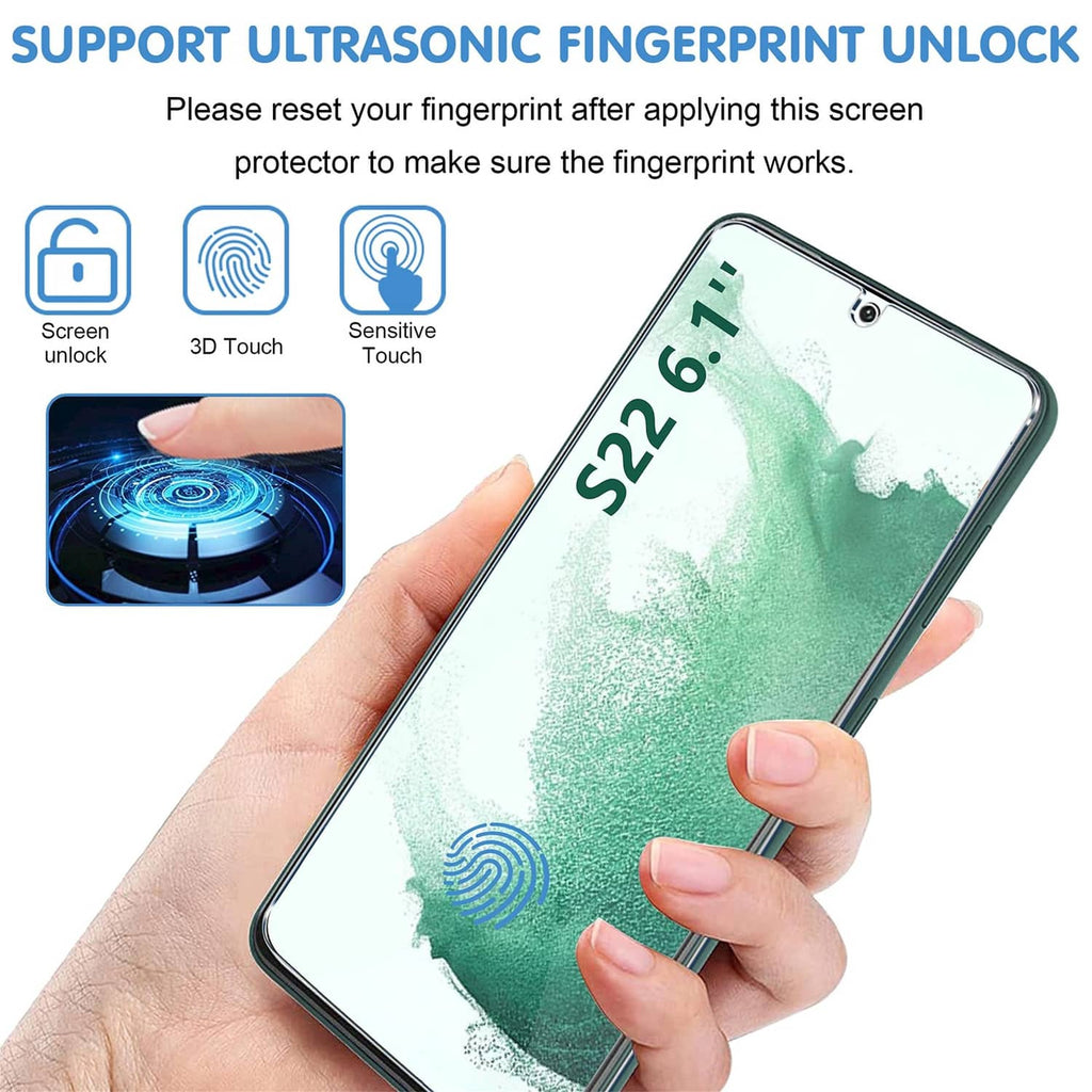Tempered glass screen protector for Galaxy S22 with ultrasonic fingerprint unlock compatibility
