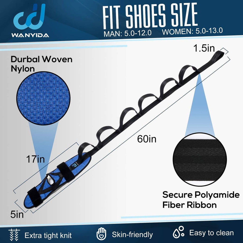 Blue and black nylon woven foot stretcher strap with secure ribbed fabric end