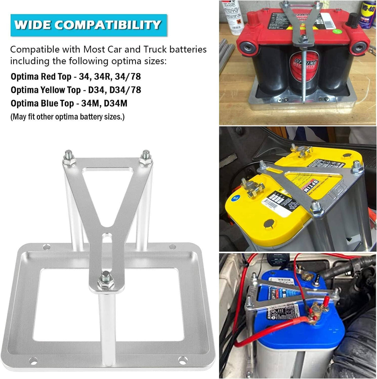 Aluminum battery tray mount with posts and base plate, shown with yellow battery