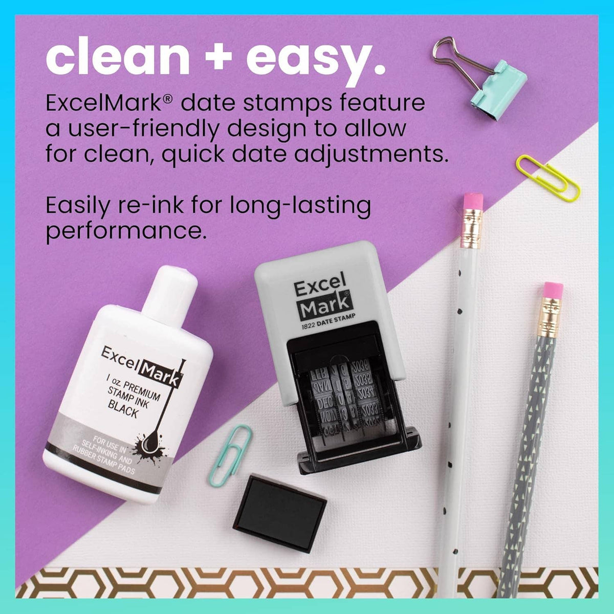 ExcelMark 1822 date stamp with ink refills, clips, and bottles