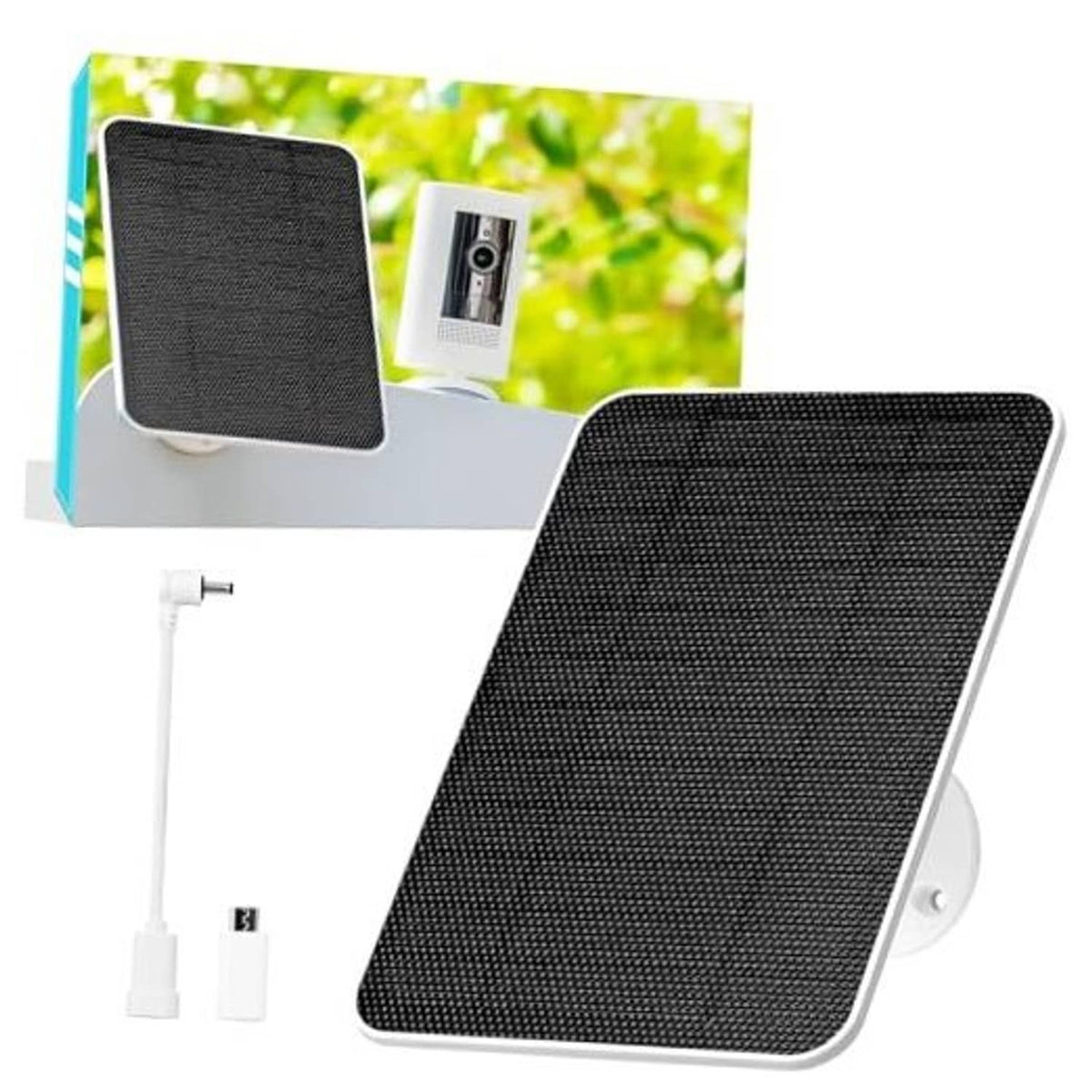 Black solar panel with white mounting bracket and cable adapters