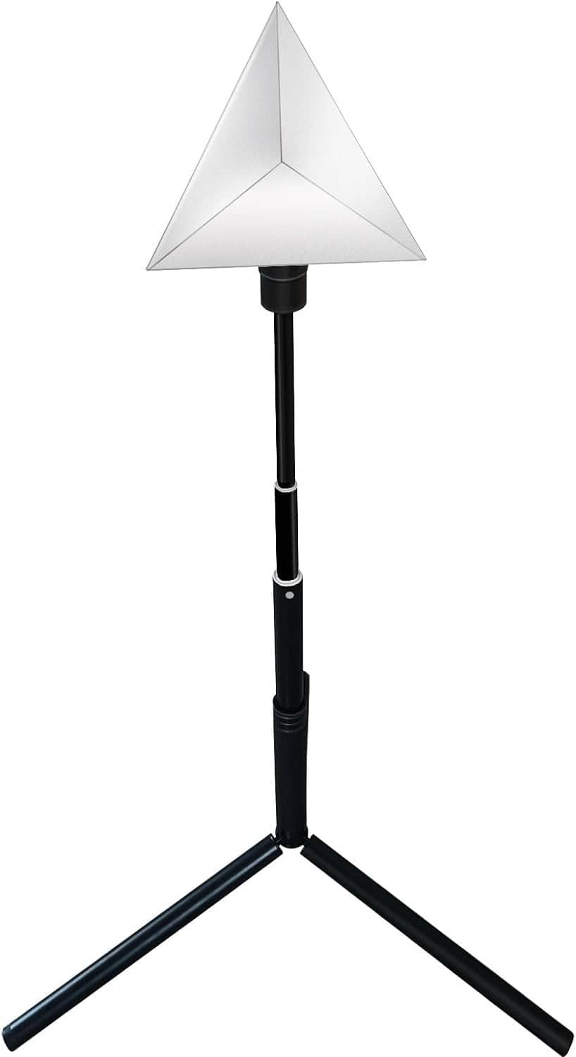 Corner reflector target on black tripod stand with silver triangular reflector