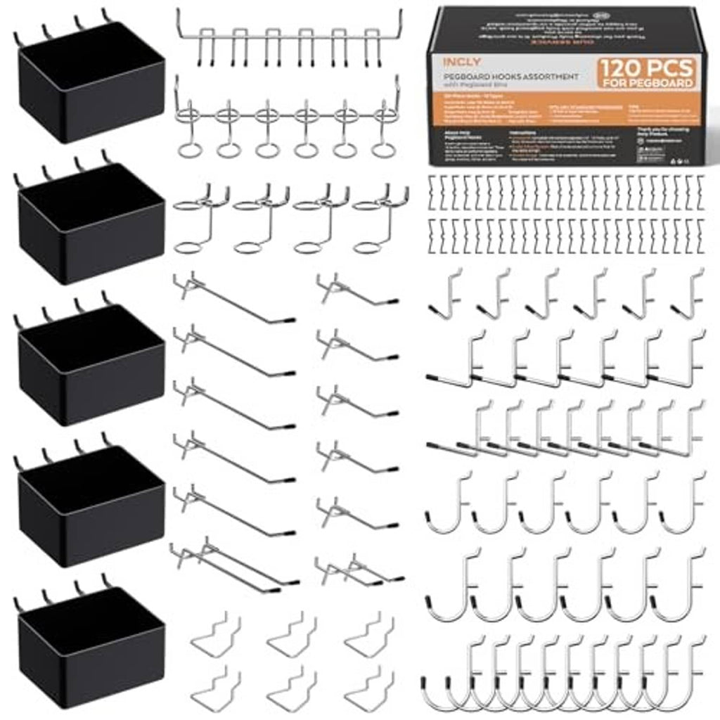 120-piece pegboard hook set with black bins, metal hooks, and mounting pieces