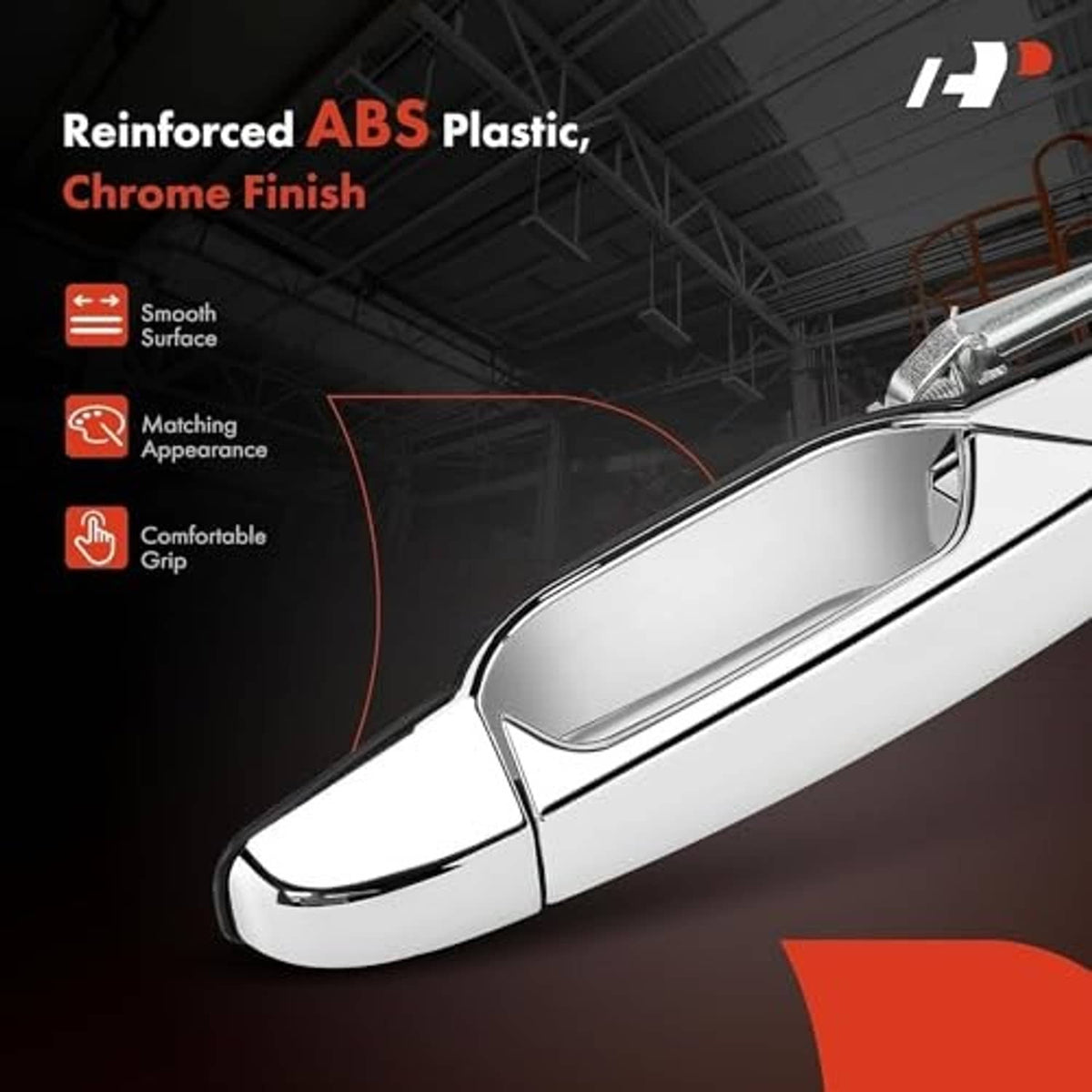 Chrome-finish exterior door handle with reinforced ABS plastic construction