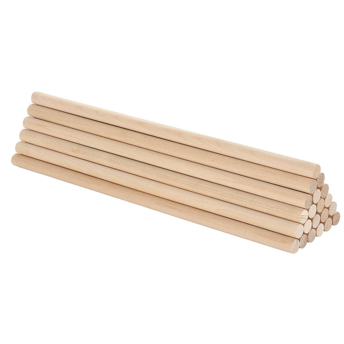 Angled bundle of natural wood dowel rods with round ends and smooth cylindrical surface