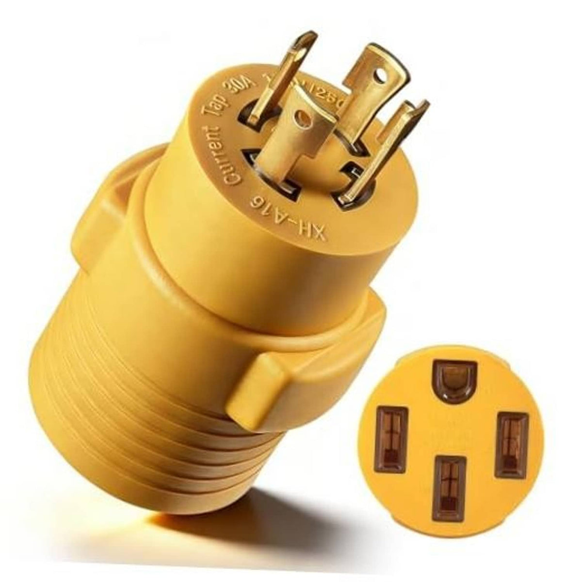 Yellow locking generator adapter, 4-prong male plug with metal grounding pin